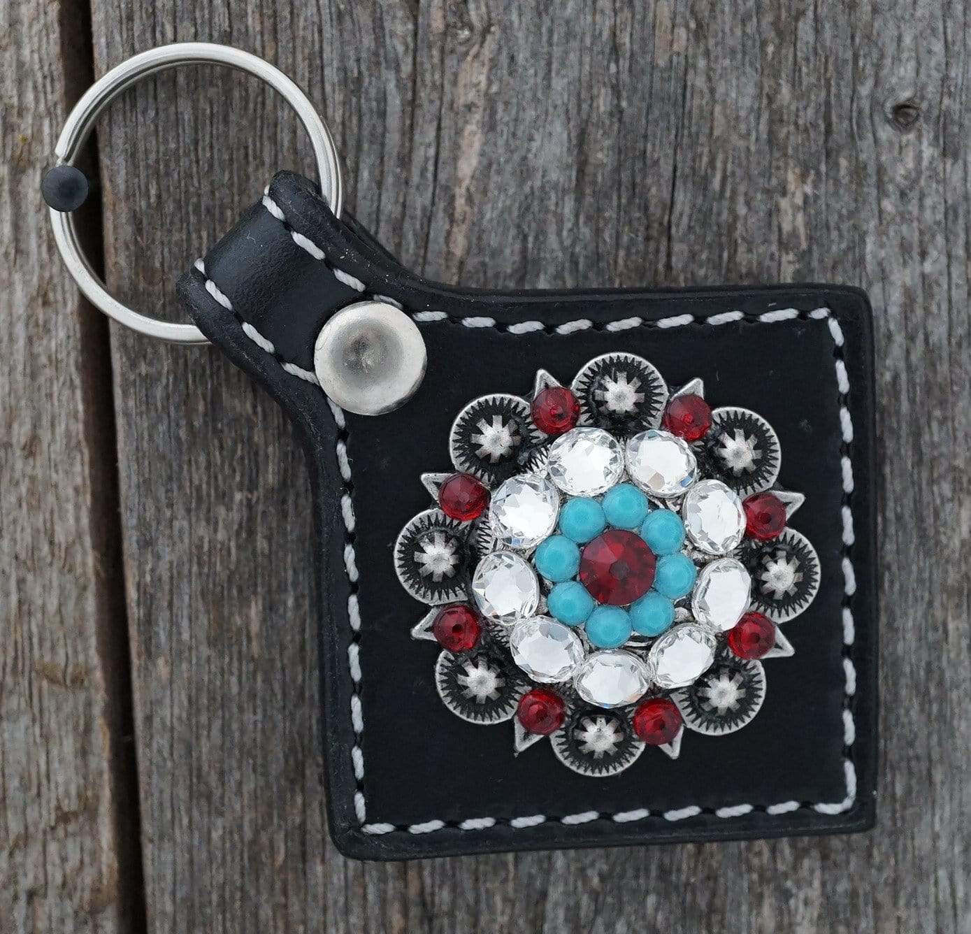 Black Key Chain with Red and Turquoise European Crystal Concho
