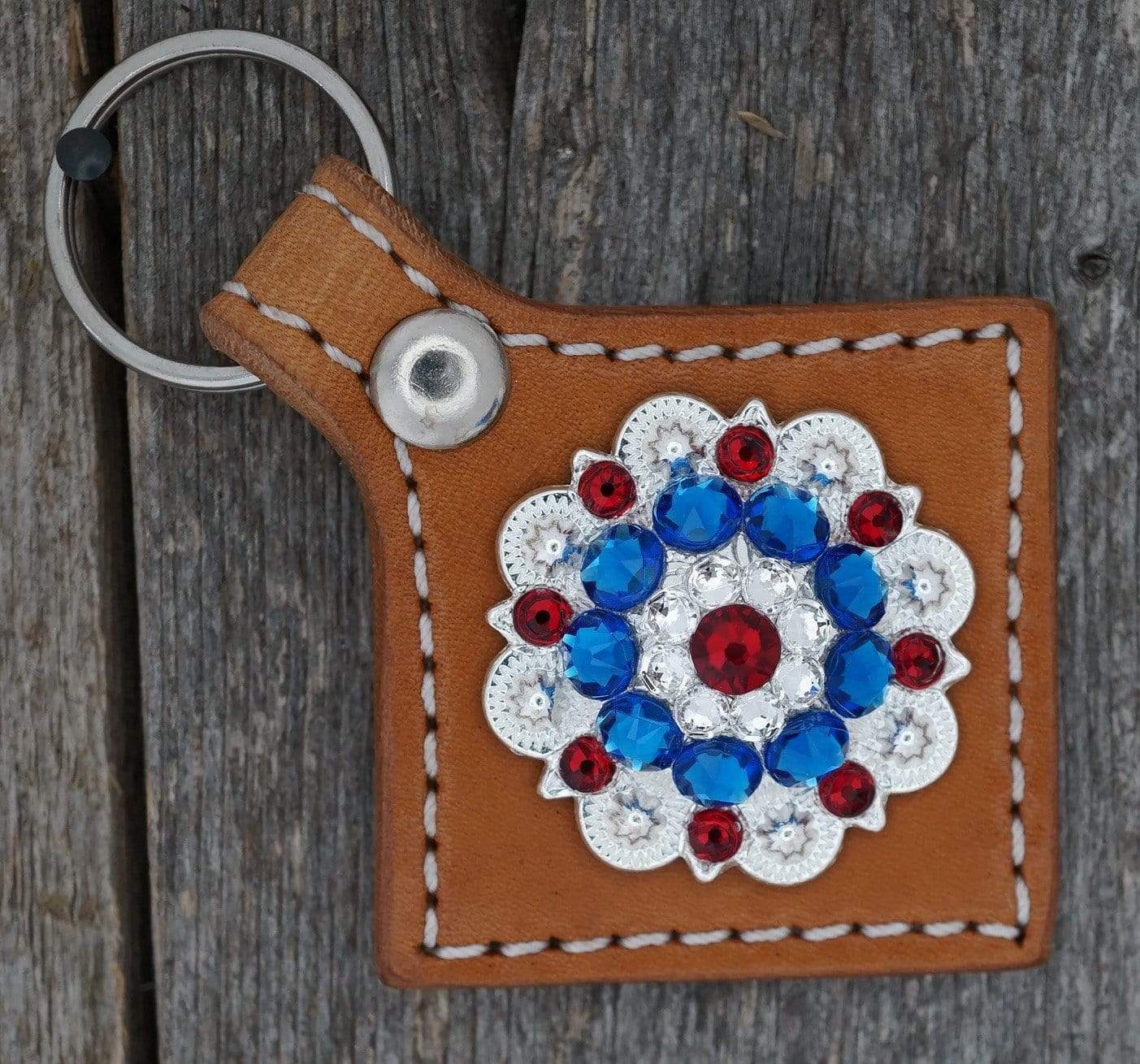 Light Oil Key Chain with Red, White, and Blue European Crystal Concho