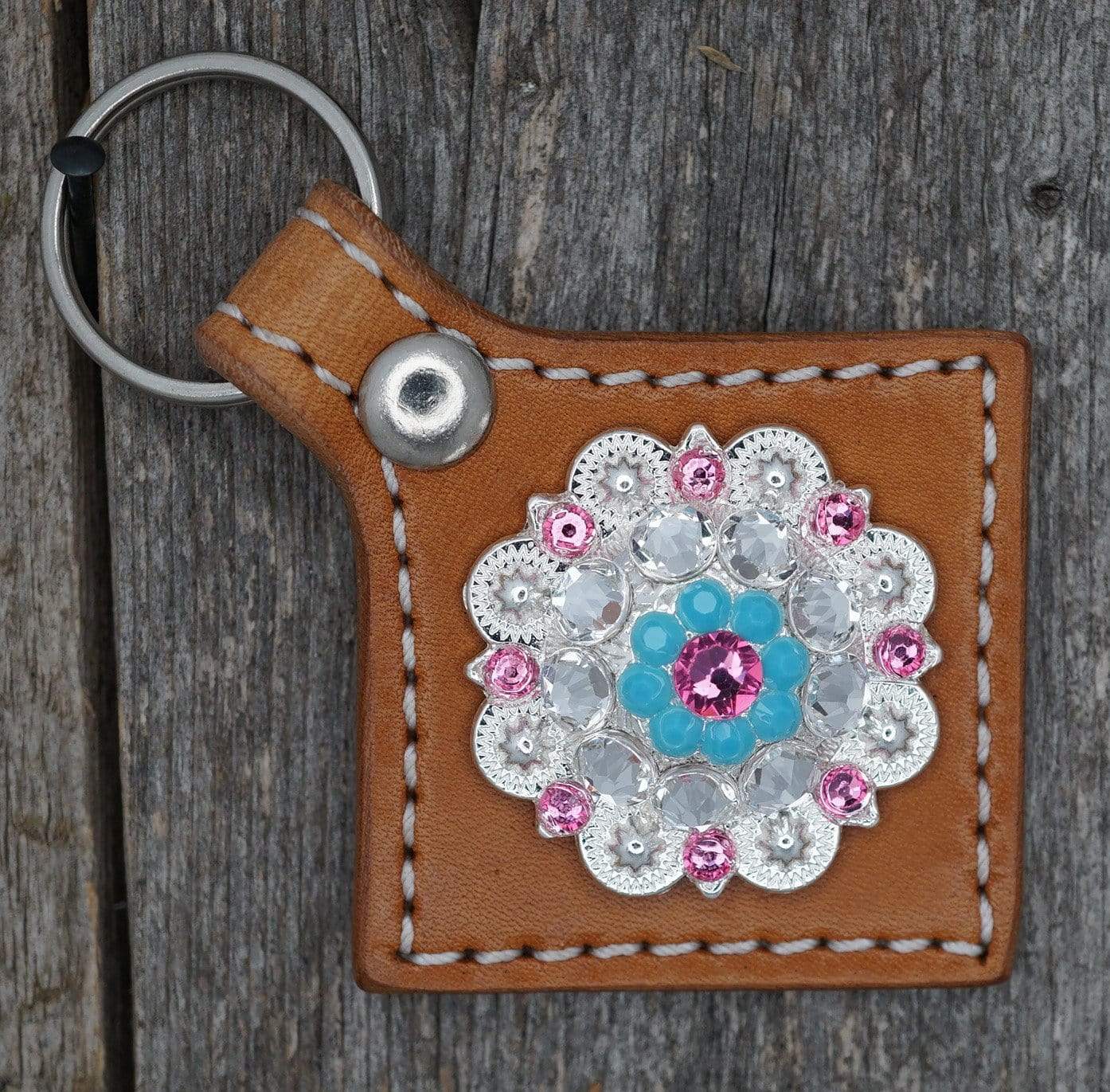 Light Oil Key Chain with Turquoise and Pink European Crystal Concho