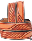 Hilason Hand-Tooled Basket Weave Leather Belt – Western Style with Engraved Buckle Tan