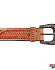 Hilason Hand-Tooled Basket Weave Leather Belt – Western Style with Engraved Buckle Tan