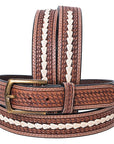 Hilason Hand-Tooled Basket Weave Leather Belt – Western Style with Engraved Buckle Tan