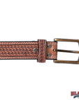 Hilason Hand-Tooled Basket Weave Leather Belt – Western Style with Engraved Buckle Tan