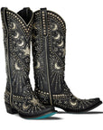 Celestial Themed Southwestern Style Boots In Deep Onyx Luxurious Leather For Women