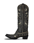 Celestial Themed Southwestern Style Boots In Deep Onyx Luxurious Leather For Women