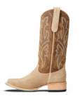 Latte Suede Square Toe Western Boot With Burnt Caramel