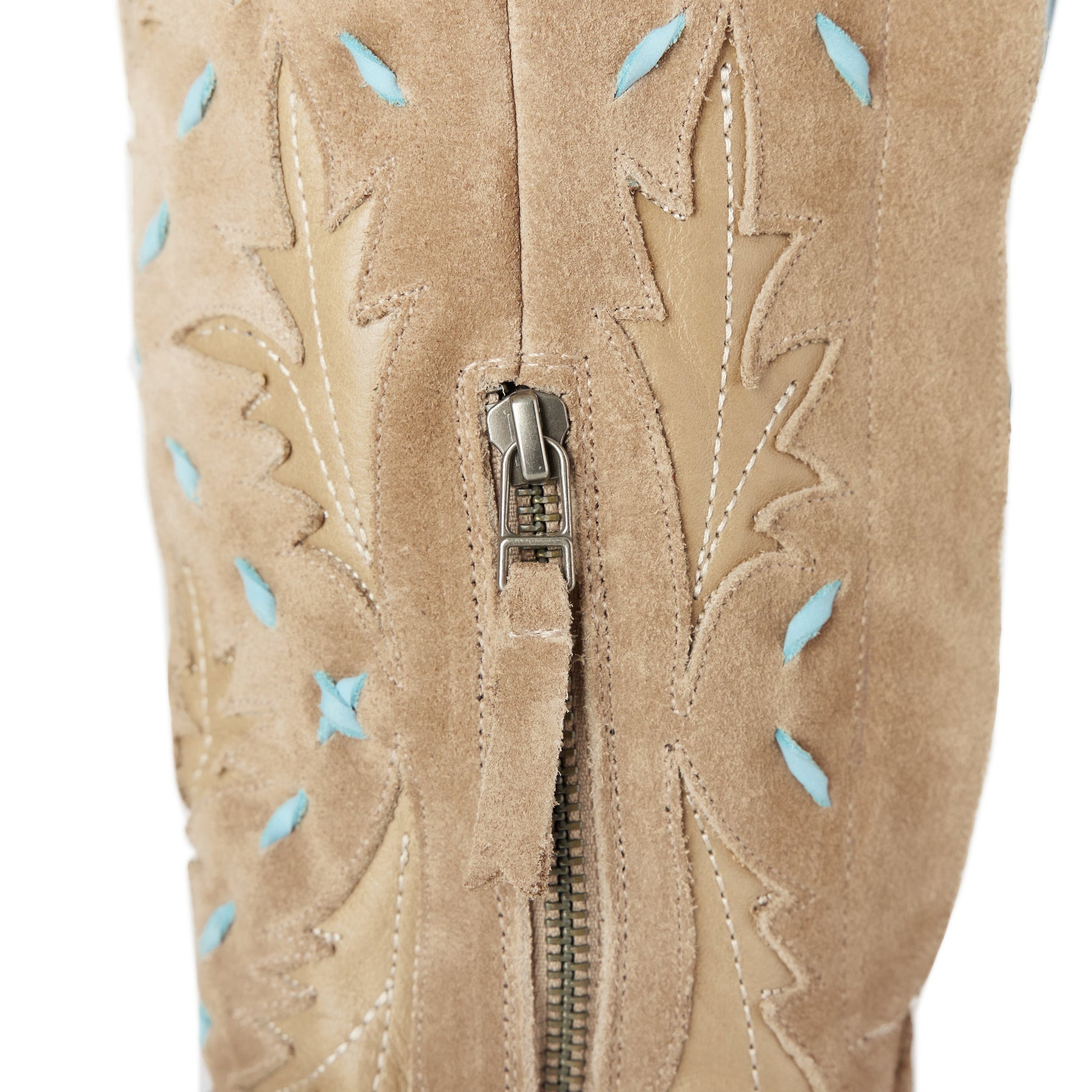 Knee High Corset Boot In Latte Suede With PowderBlue Accents For StagePerformanceOutfit