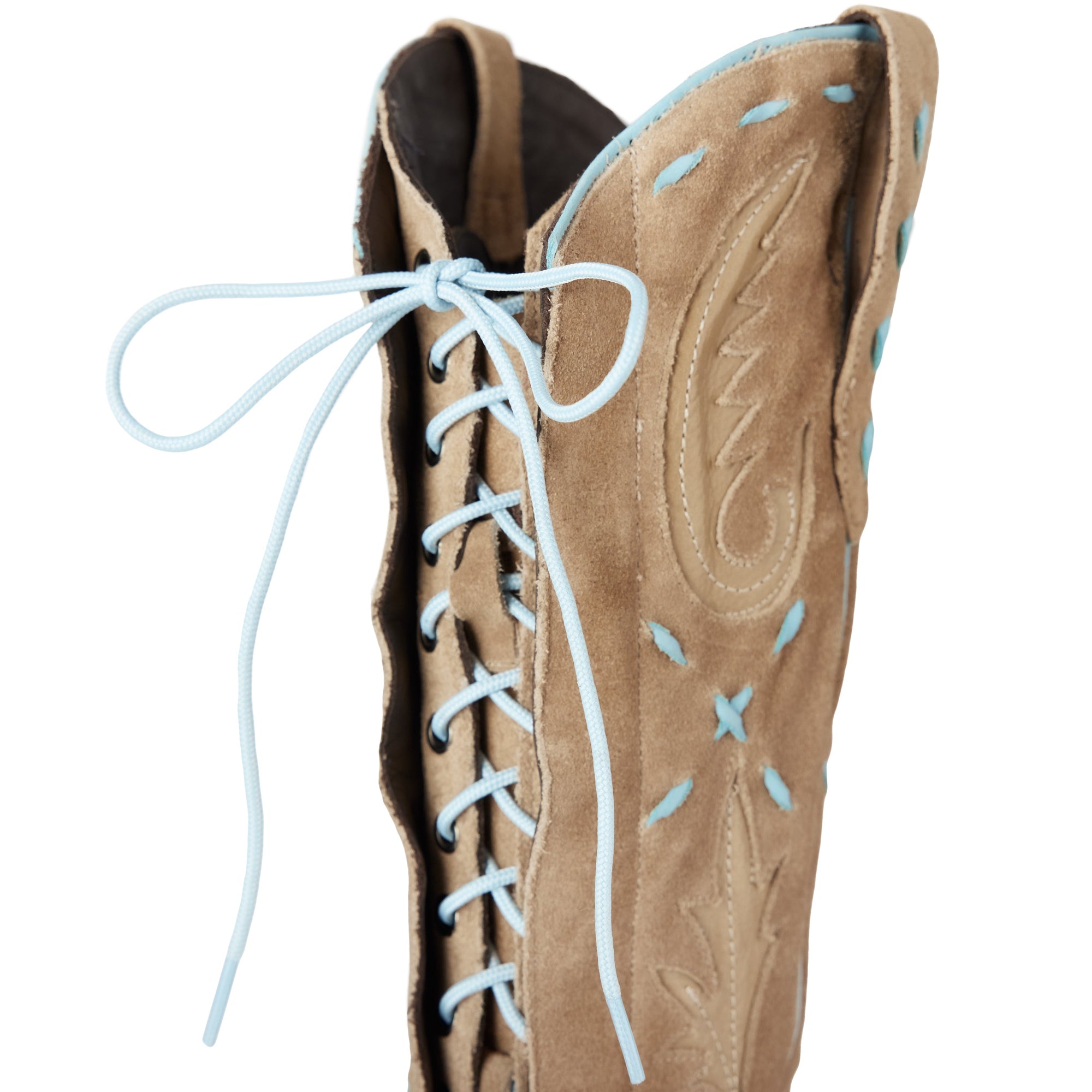 Knee High Corset Boot In Latte Suede With PowderBlue Accents For StagePerformanceOutfit