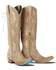 Knee High Corset Boot In Latte Suede With PowderBlue Accents For StagePerformanceOutfit