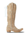 Knee High Corset Boot In Latte Suede With PowderBlue Accents For StagePerformanceOutfit