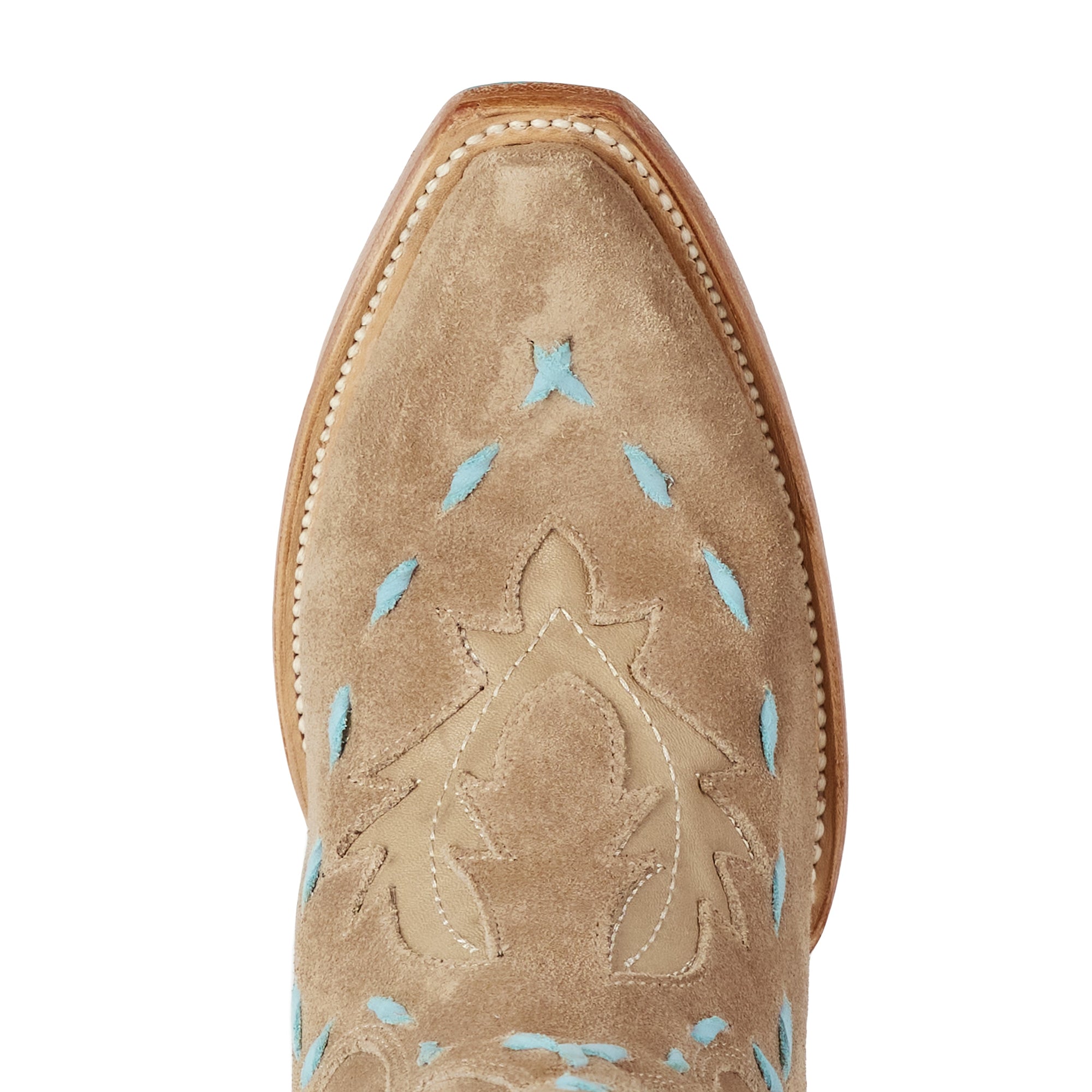 Knee High Corset Boot In Latte Suede With PowderBlue Accents For StagePerformanceOutfit