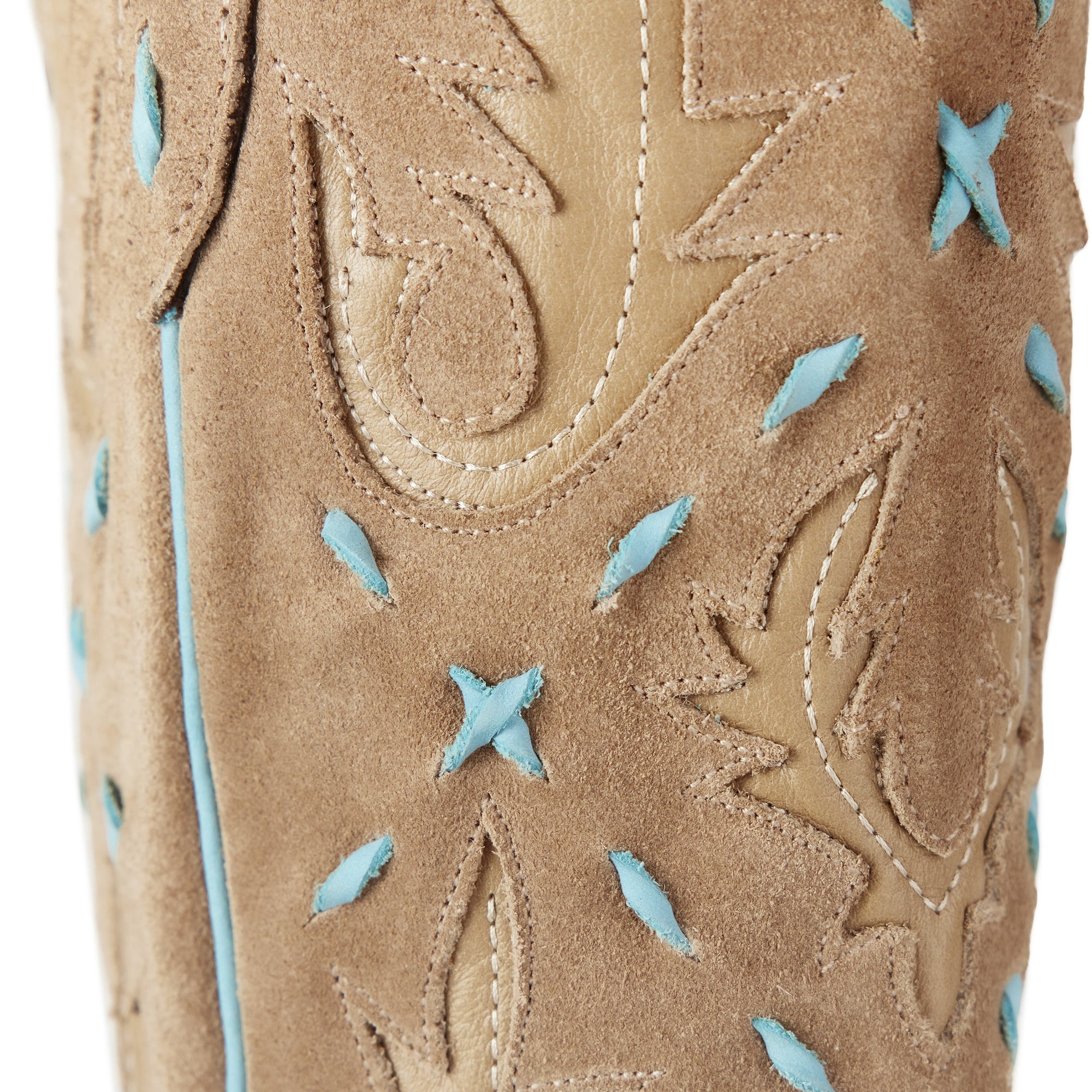 Knee High Corset Boot In Latte Suede With PowderBlue Accents For StagePerformanceOutfit