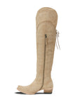 Latte Suede Over The Knee Boot Featuring Contoured Corseted Silhouette And Comfort