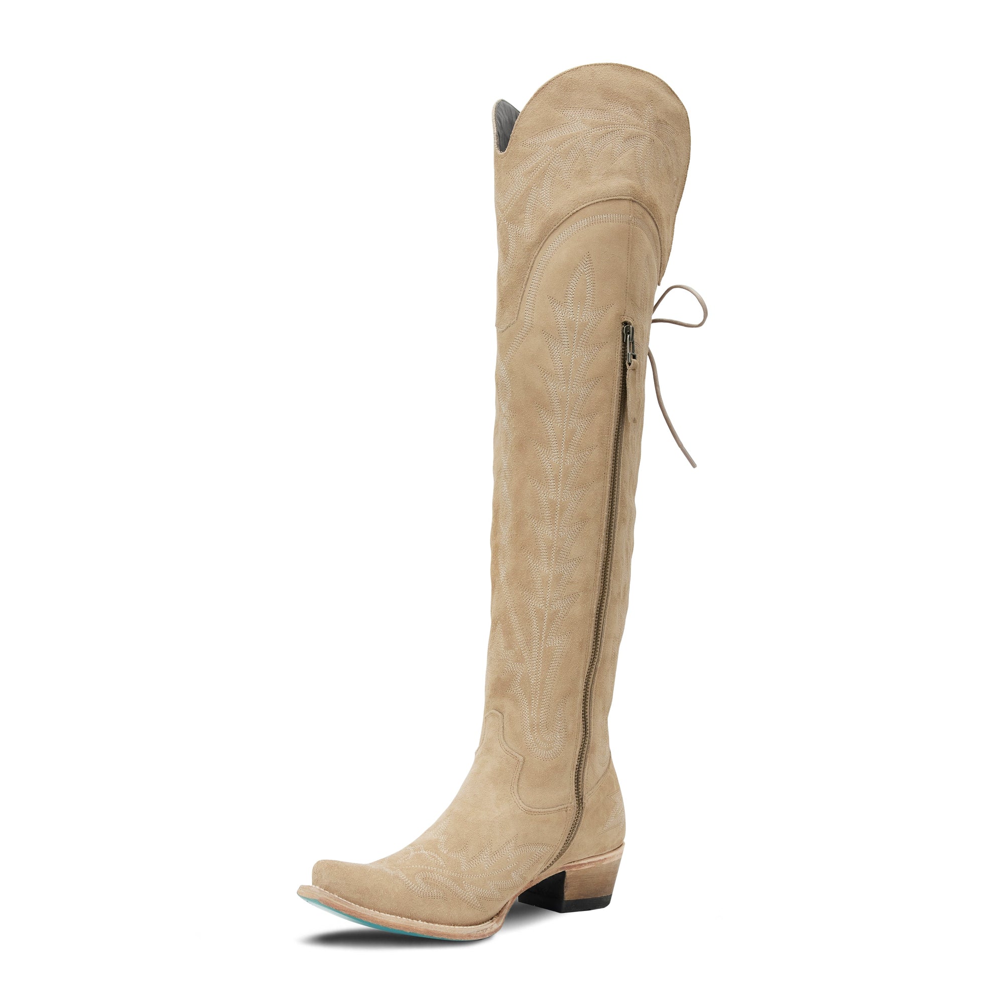 Latte Suede Over The Knee Boot Featuring Contoured Corseted Silhouette And Comfort