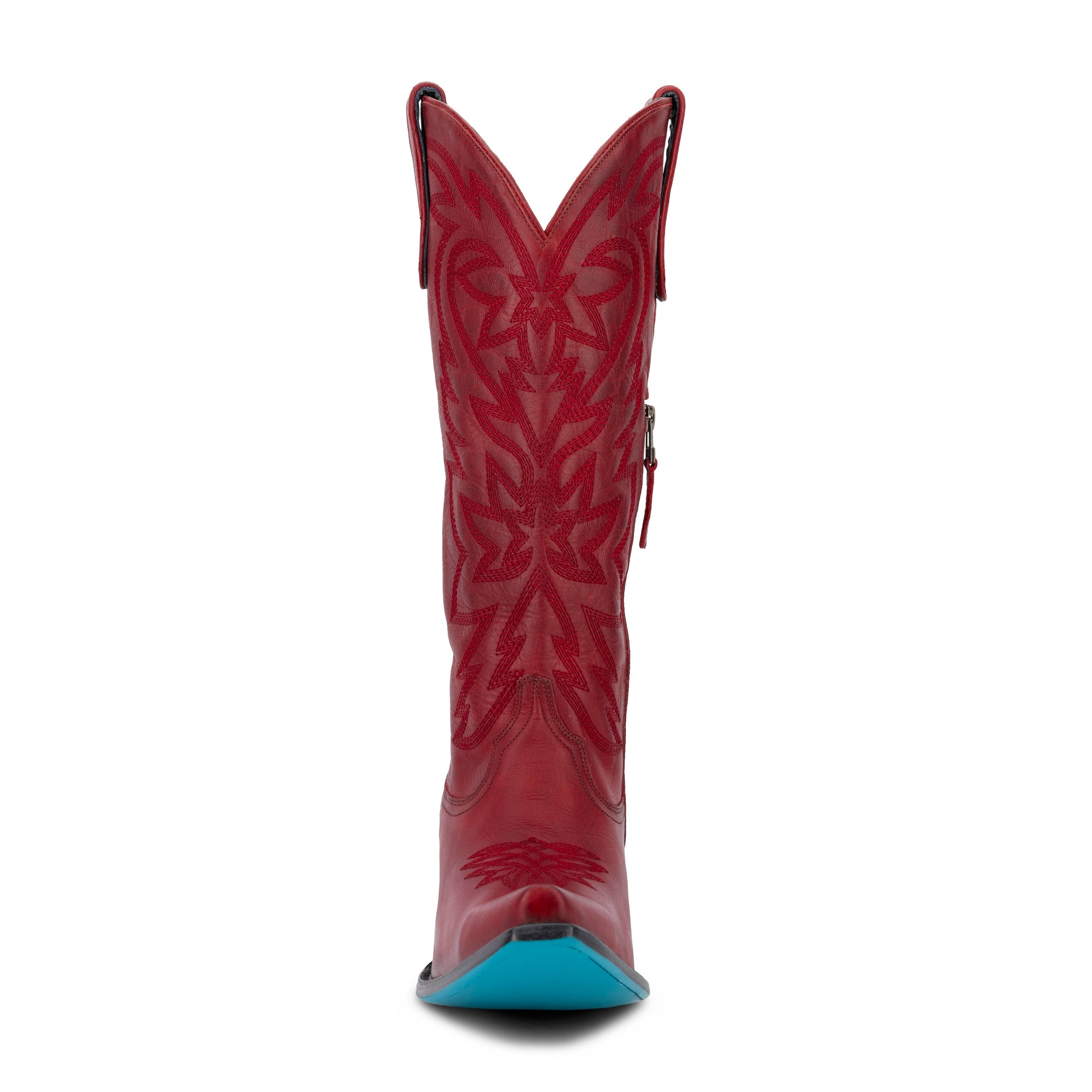 Smoldering Ruby Snip Toe Cowgirl Boot With Cosmic Starburst Embroidered Detailing
