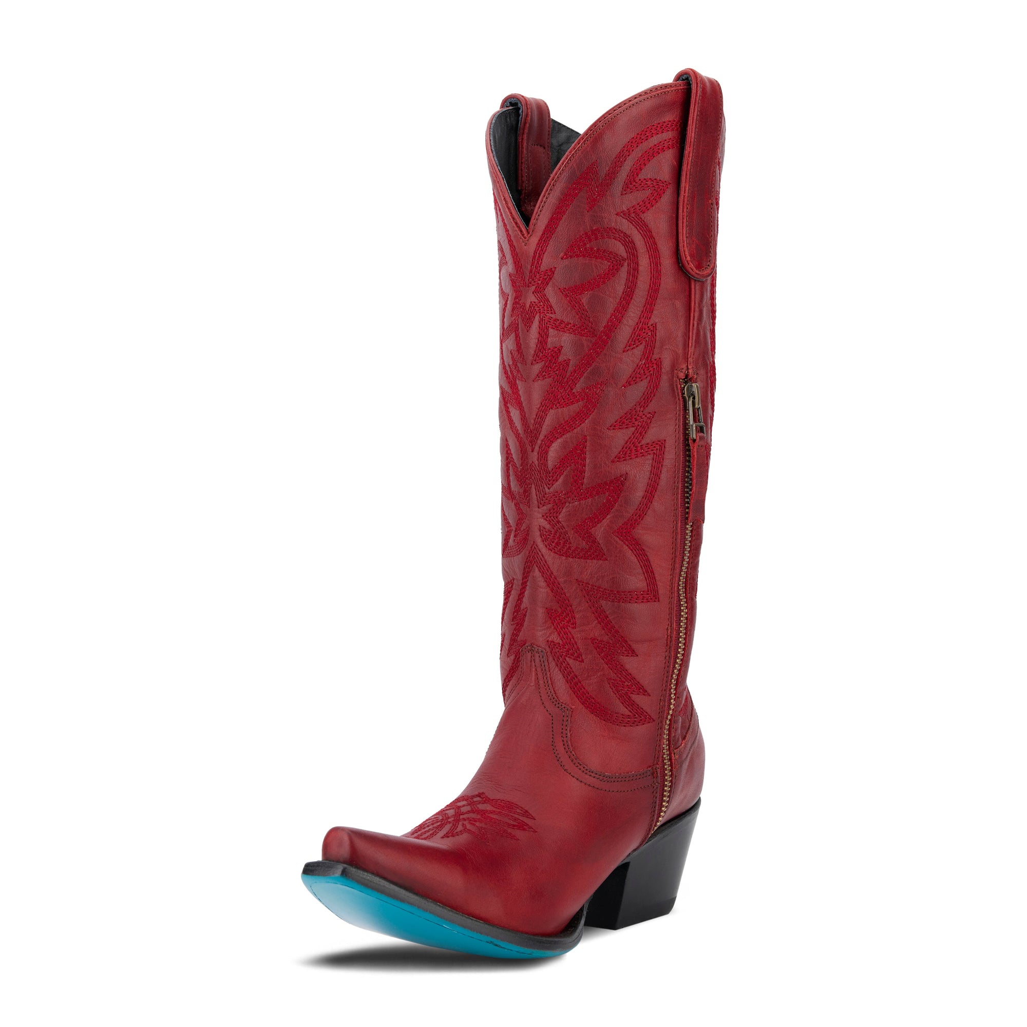 Smoldering Ruby Snip Toe Cowgirl Boot With Cosmic Starburst Embroidered Detailing