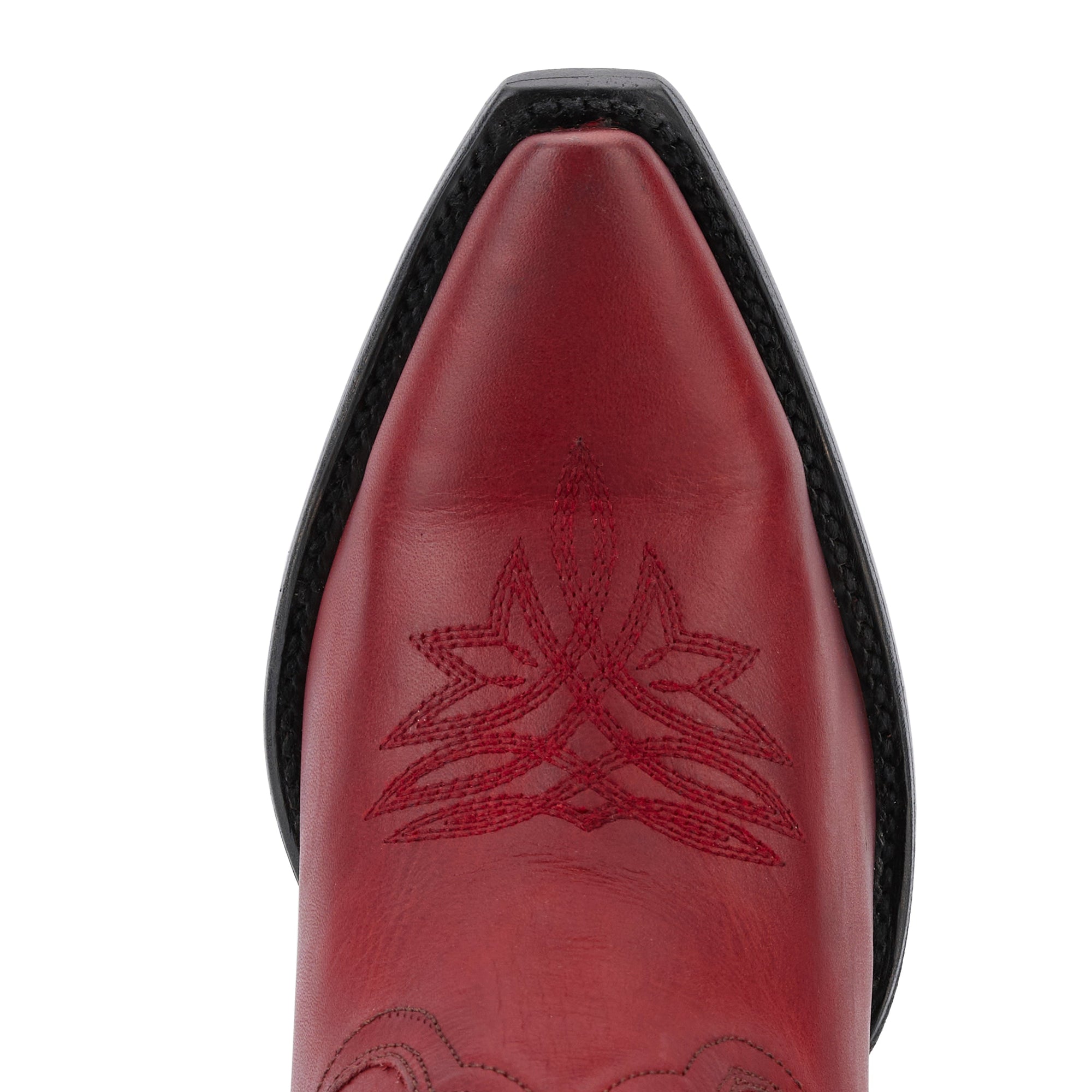 Smoldering Ruby Snip Toe Cowgirl Boot With Cosmic Starburst Embroidered Detailing