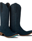 Navy-Blue Suede Western-Style Boot With Snip Toe And Cushioned-Traction Turquoise-Soled 1.5-Inch Heel