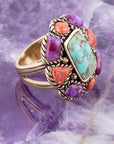Blue Turquoise Colorful Floral Golden Ring