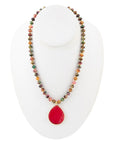 Jeweled Multicolor Tiger's Eye and Pink Jade Pendant Golden Necklace