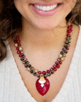 Jeweled Multi-Color Tiger's Eye and Rasberry Quartz Pendant Golden Necklace