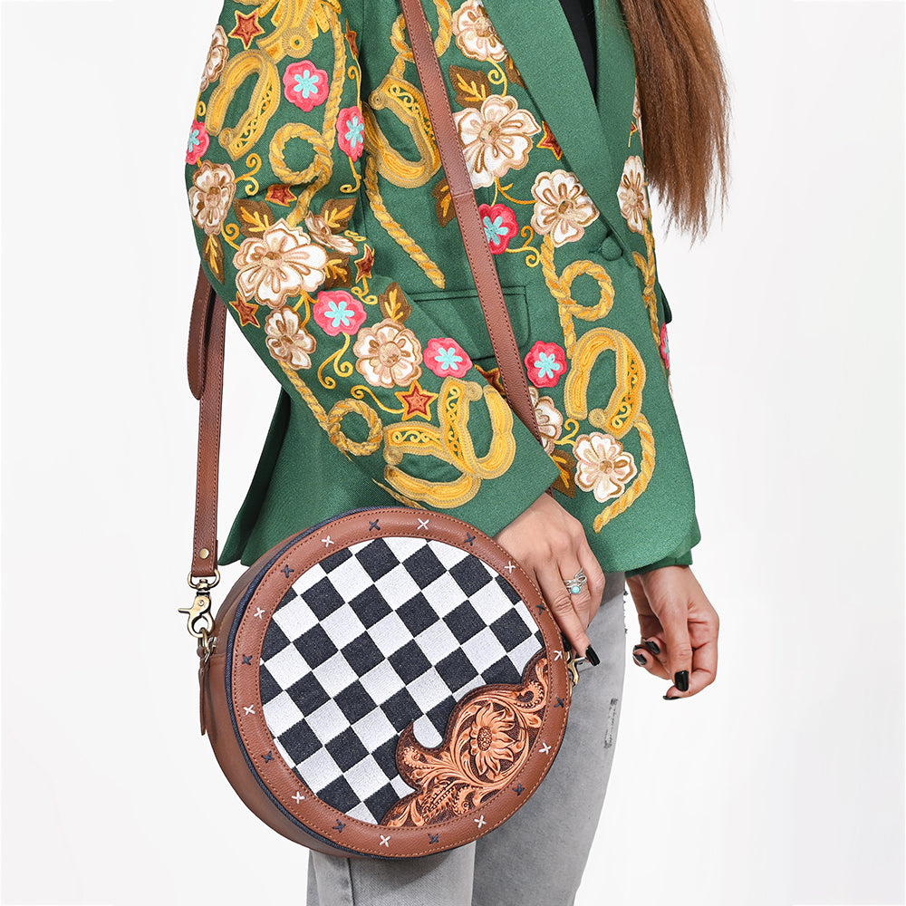 Ohlay Round Western Crossbody Bag for Women, Hand Tooled Genuine Leather Purse