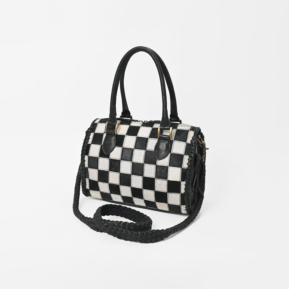 American Darling Hair-On Hide Satchel Bag for Women, Checkered Leather Handbag with Braided Crossbody Strap Black &amp; White