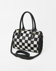 American Darling Hair-On Hide Satchel Bag for Women, Checkered Leather Handbag with Braided Crossbody Strap Black & White