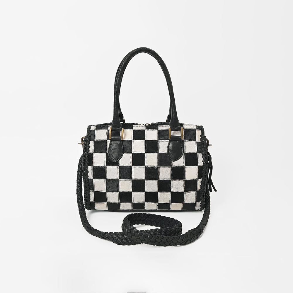 American Darling Hair-On Hide Satchel Bag for Women, Checkered Leather Handbag with Braided Crossbody Strap Black &amp; White