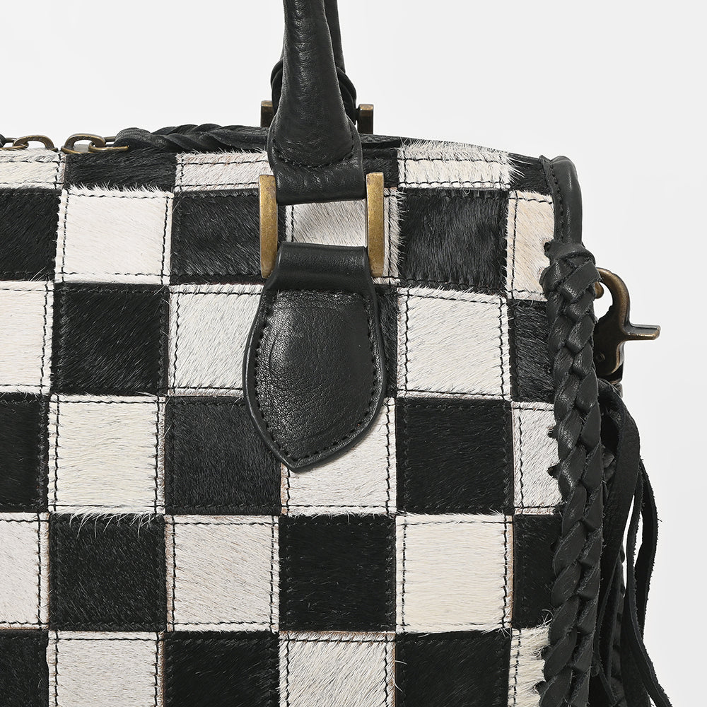 American Darling Hair-On Hide Satchel Bag for Women, Checkered Leather Handbag with Braided Crossbody Strap Black &amp; White