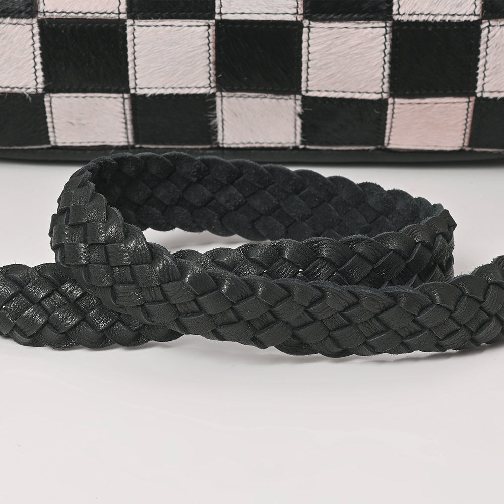 American Darling Hair-On Hide Satchel Bag for Women, Checkered Leather Handbag with Braided Crossbody Strap Black &amp; White