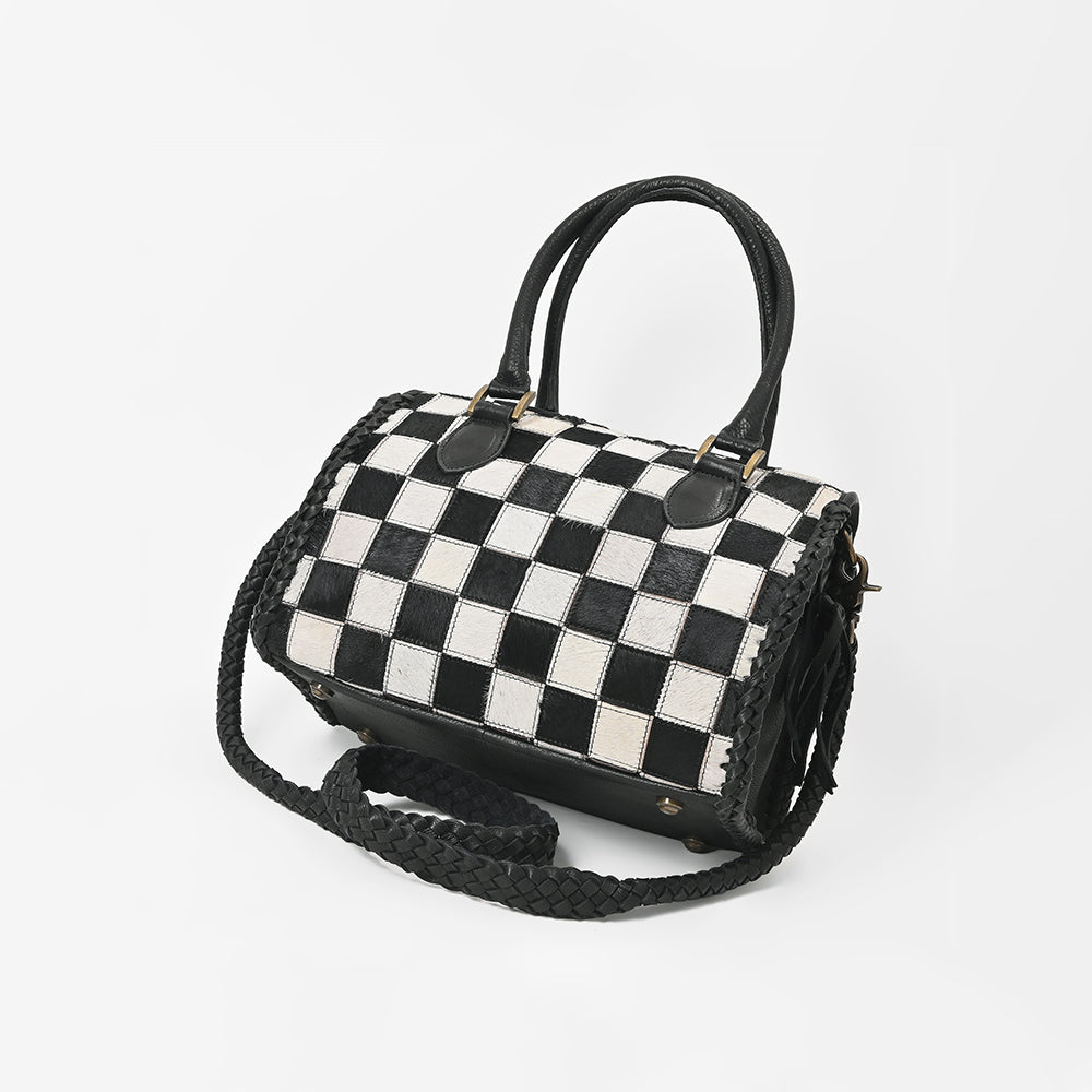 American Darling Hair-On Hide Satchel Bag for Women, Checkered Leather Handbag with Braided Crossbody Strap Black &amp; White