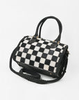 American Darling Hair-On Hide Satchel Bag for Women, Checkered Leather Handbag with Braided Crossbody Strap Black & White