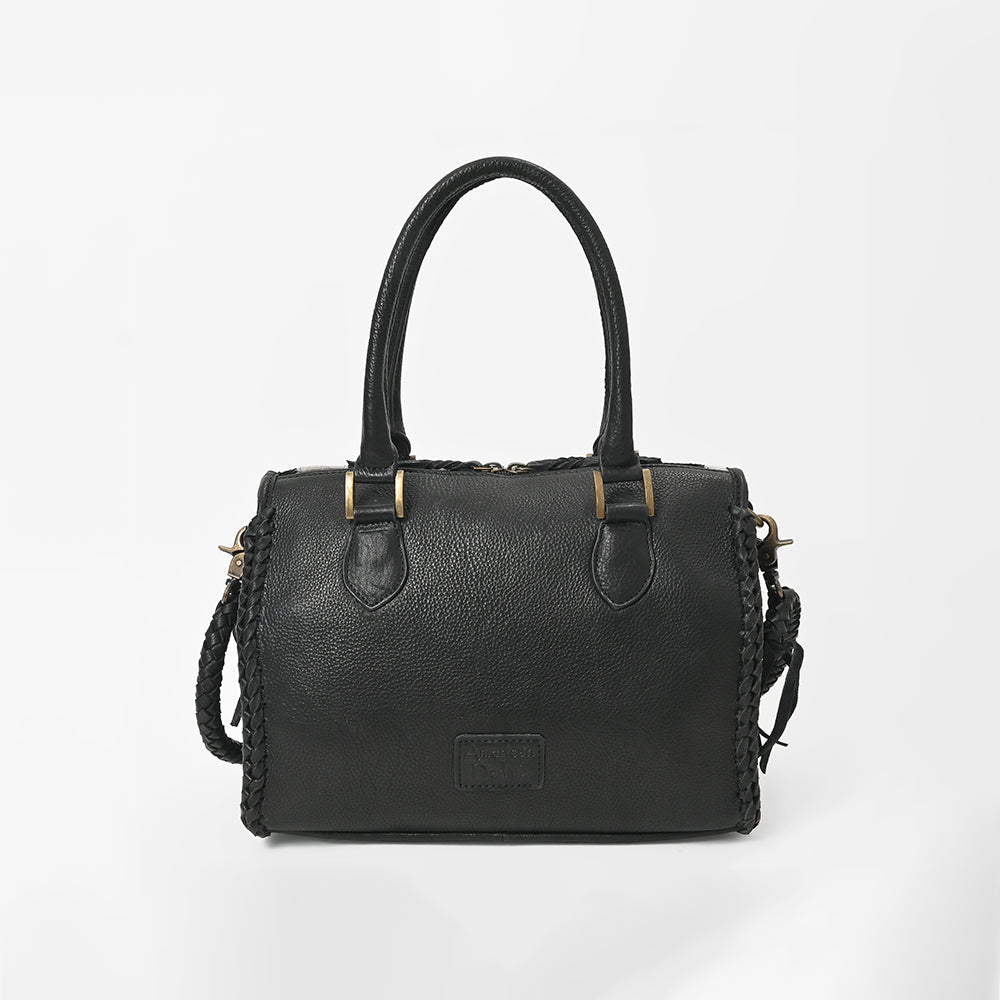 American Darling Hair-On Hide Satchel Bag for Women, Checkered Leather Handbag with Braided Crossbody Strap Black &amp; White