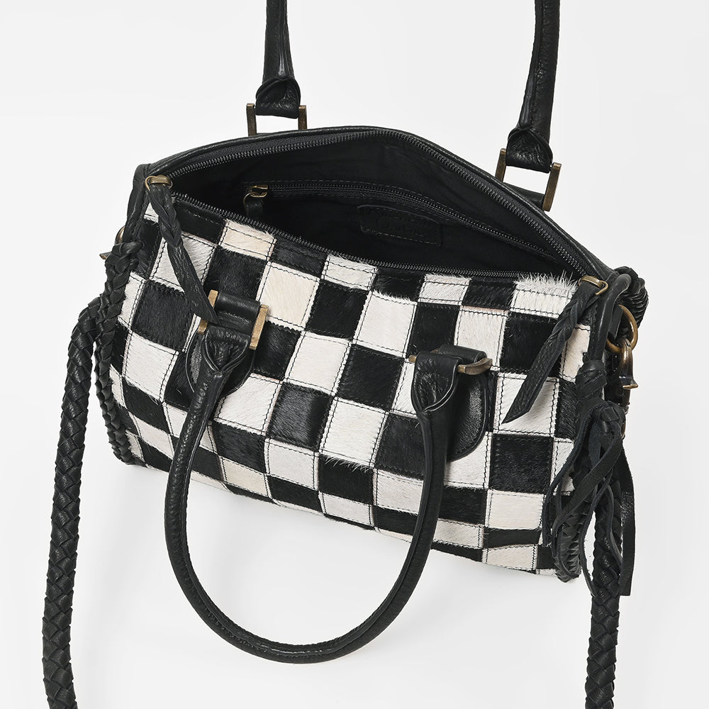 American Darling Hair-On Hide Satchel Bag for Women, Checkered Leather Handbag with Braided Crossbody Strap Black &amp; White