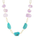 Purple Periwinkle Amethyst and Blue Turquoise Long Golden Necklace