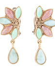 Pink Rhodonite Blue Amazonite and Varacite Petals Golden Clip Earrings
