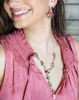 Pink Rhodonite and White Pearl Golden Butterflies Y Necklace