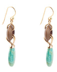 Precious Green Turquoise and Wood Golden Bronze Drop Earrings