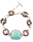 Precious Turquoise and Wood Sterling Silver Toggle Bracelet