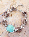 Precious Turquoise and Wood Sterling Silver Toggle Bracelet