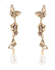 Rhodonite and White Pearl Golden Butterflies Post Drop Earrings