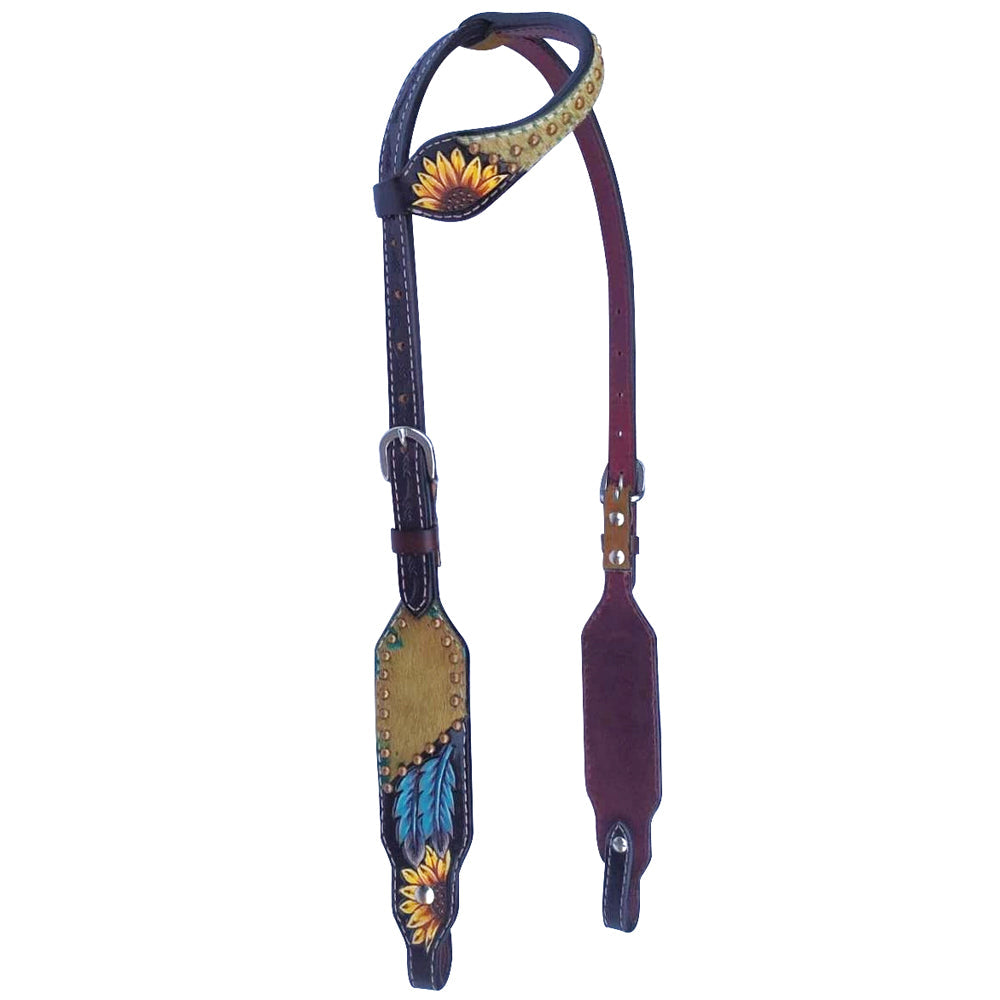 HILASON Western Horse One Ear Headstall Breast Collar Tack Set American Leather Hand Painted Brown