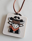 3D Print Cowboy Highland Cow Picture Necklace, Keychain or Purse Charm on Suede Leather Western Made in America