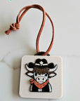 3D Print Cowboy Highland Cow Picture Necklace, Keychain or Purse Charm on Suede Leather Western Made in America