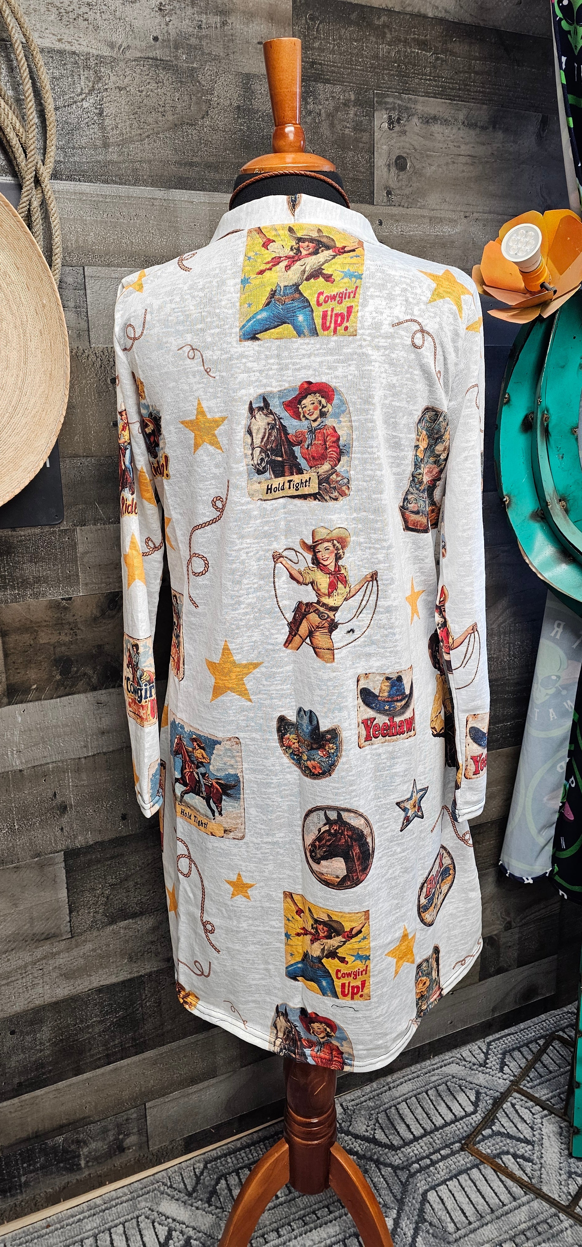 Baha Ranch Vintage Cowgirl Collage Western Lightweight Cardigan