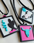 3D Print Picture Necklace on Deerskin Leather Western Bull Skull Desert Cactus Made in America