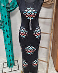 Baha Ranch Southwestern Aztec Sleeveless Bodycon Side Slit Western Maxi Dress