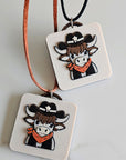 3D Print Cowboy Highland Cow Picture Necklace, Keychain or Purse Charm on Suede Leather Western Made in America