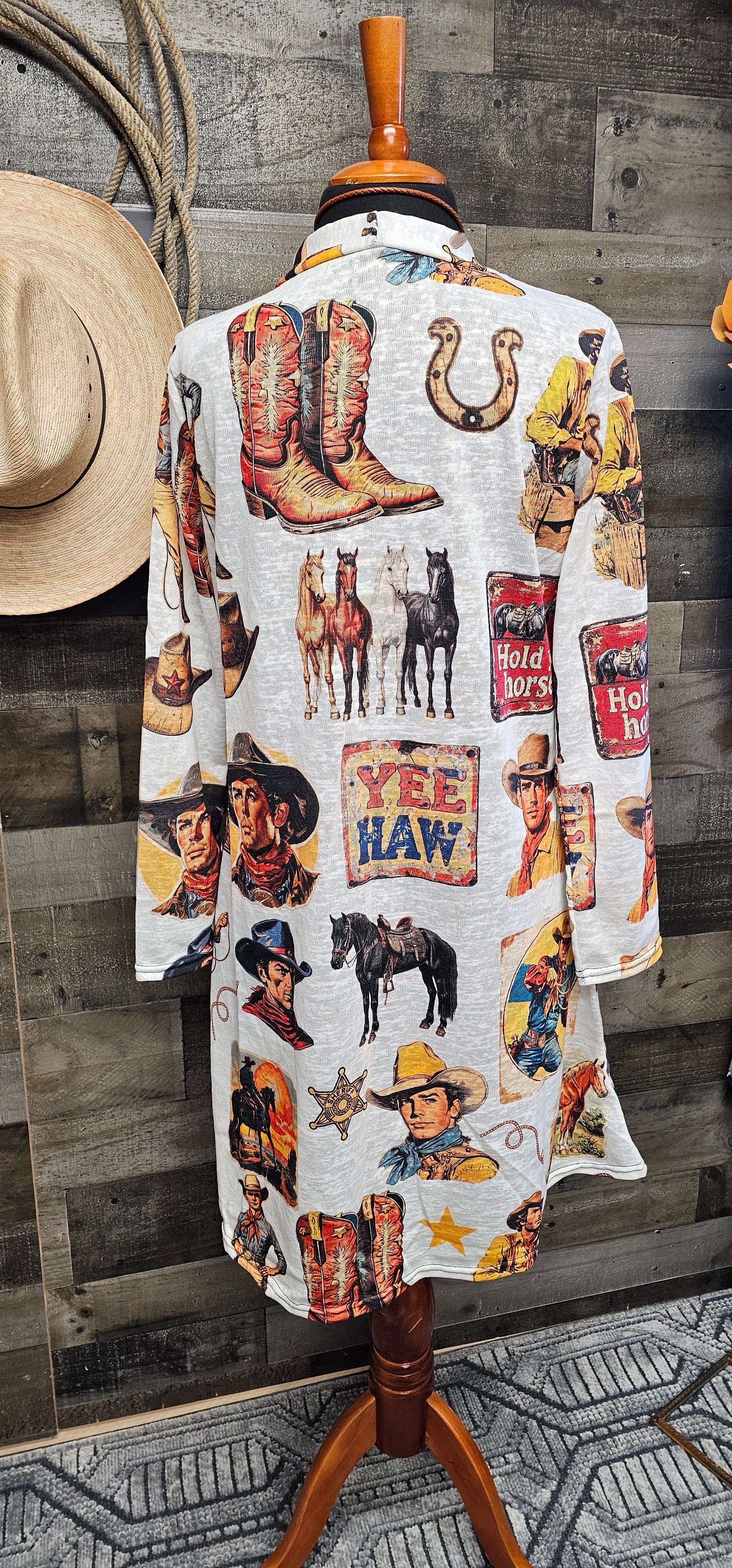 Baha Ranch Vintage Cowboy Collage Western Lightweight Cardigan